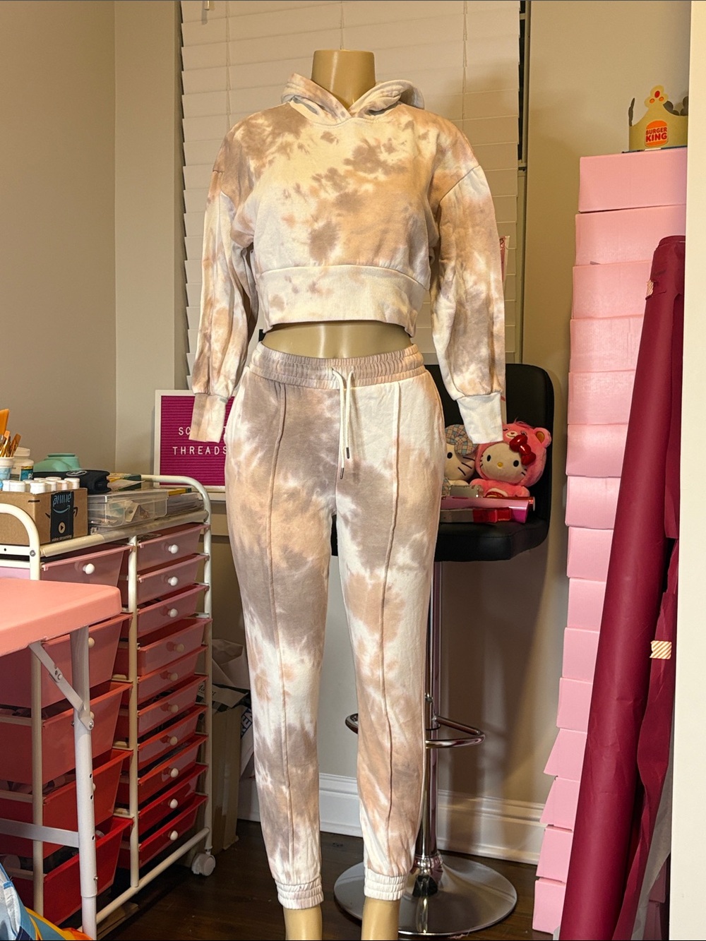 Hippie Rose Cream & Taupe Tie-Dye Cropped Hoodie and Joggers Set